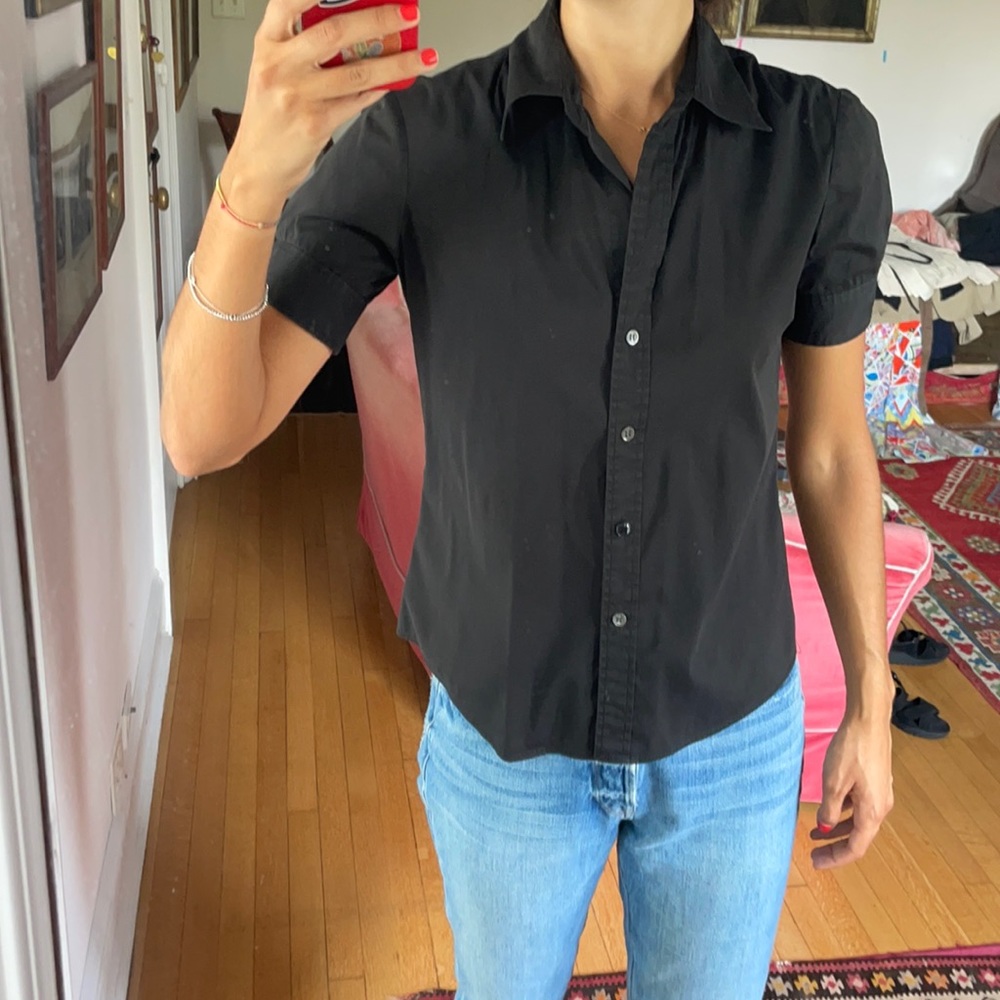 Theory short sleeved black collared buttondown shirt sz petite
